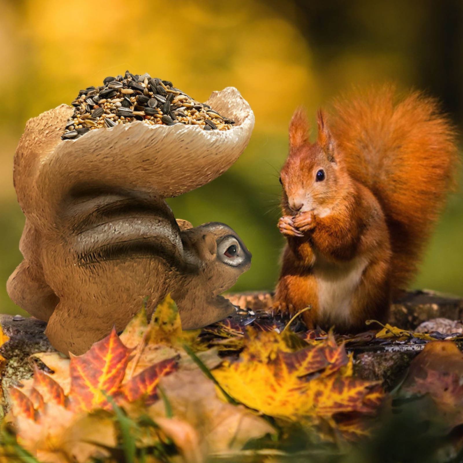 Blasgw Resin Chipmunk Garden Decorative Bird Feeder - Outdoor Statue for Woodland Garden, Whimsical Birdseed Dispenser for Attracting Feathered Friends - 8.5"x4.7"x7.9" multicolor