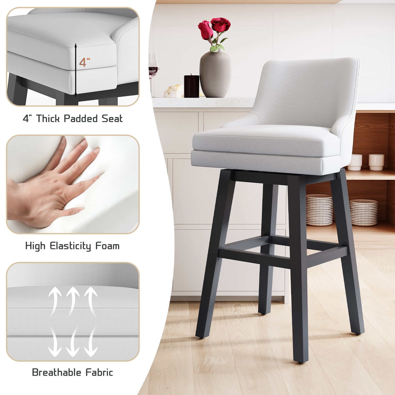Ninecer 26" Counter Height Bar Stools, Swivel Bar Stools with Back, Modern Bar Chairs, Barstools with Footrest, White (Set of 4)