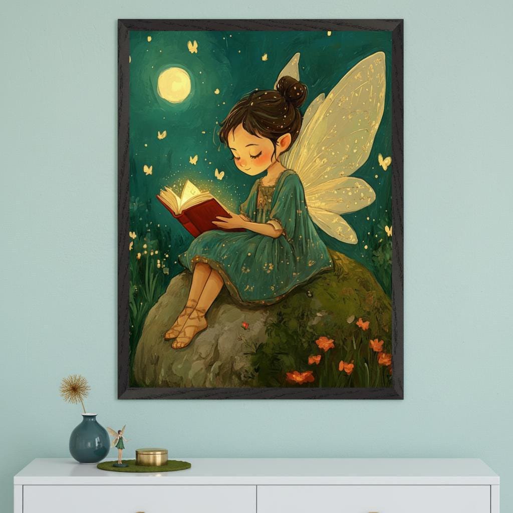 Fairy Magical Storybook Enchanted Forest Whimsical Night Sky Reading Fairy Cottagecore Woodland Nursery Poster Poster Print Only