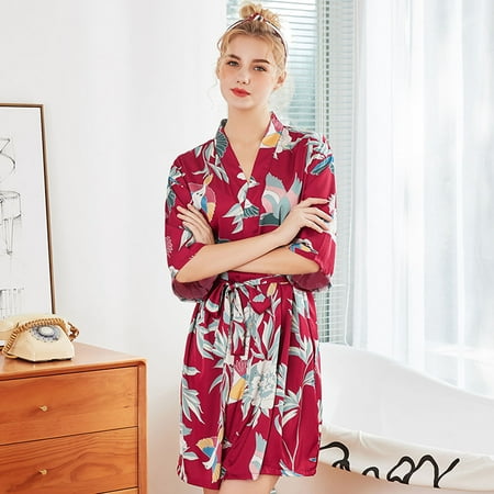 

STEADY Women s sexy satin pajamas ladies print Nightgown short-sleeved nightdress