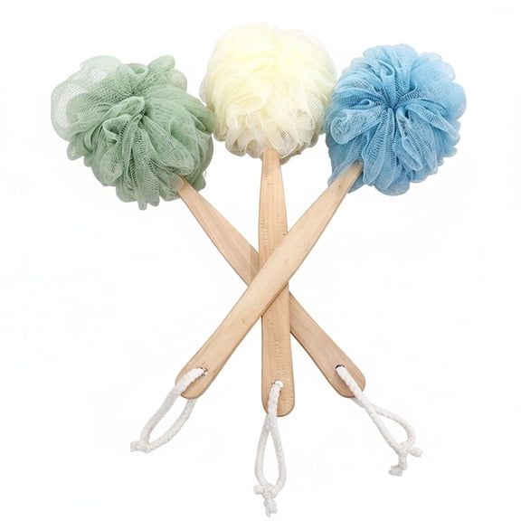 Loofah Back Scrubber for Shower, Wooden Long Handle Bath Sponge Lufa Shower Brush, Soft Nylon Mesh Back Cleaner Washer, Women & Men Exfoliating Luffa Pouf on a Stick for Body