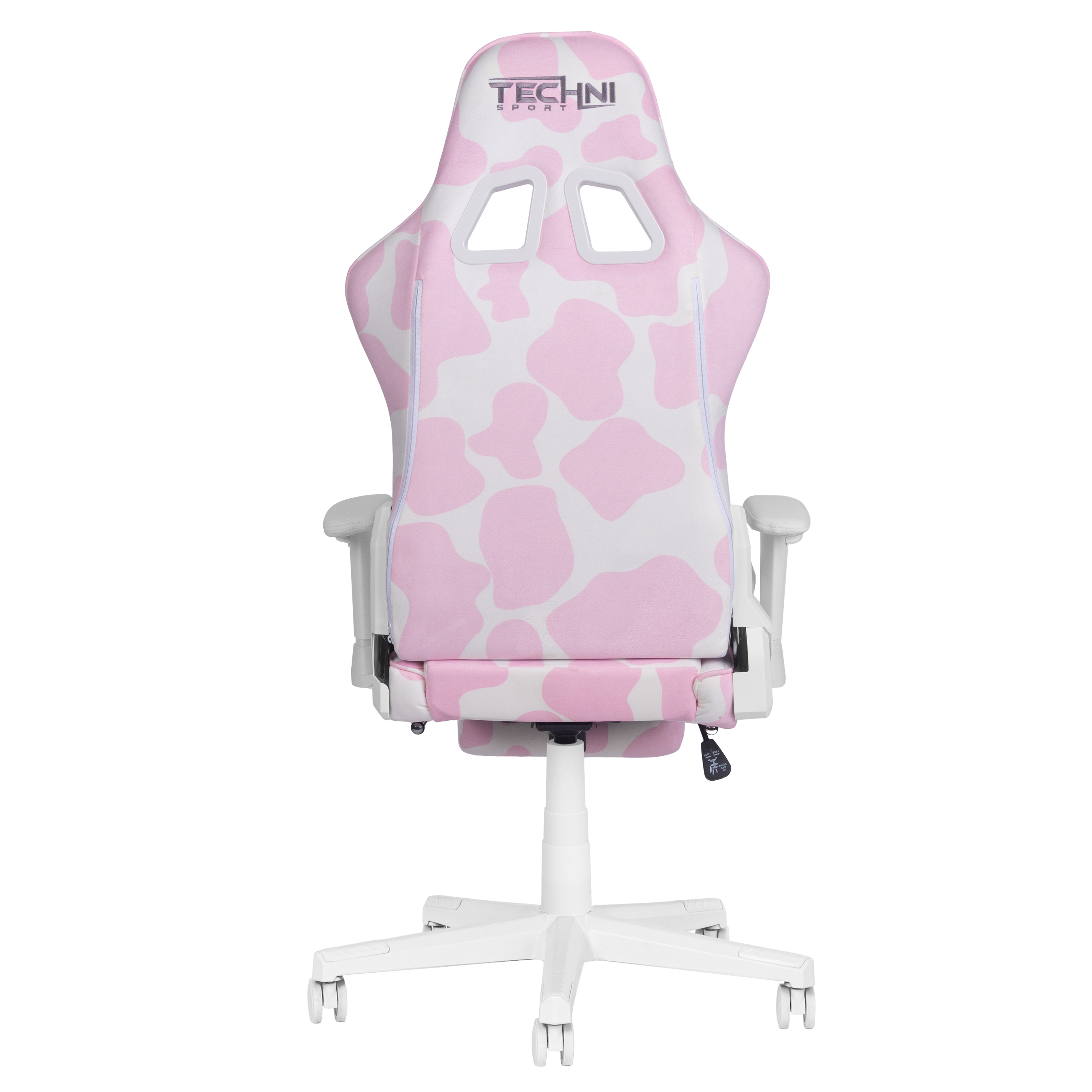 Techni Sport Pink Cow Print Gaming Chair w/ Footrest, Lumbar Support, Recline & 300 lb Capacity