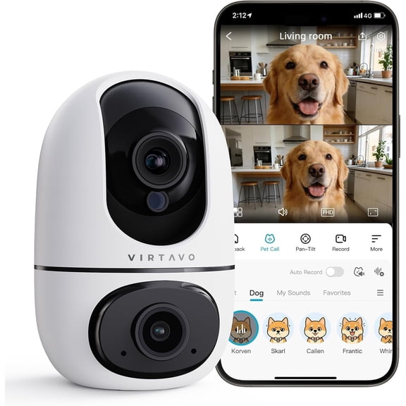 virtavo Pet Camera for Dogs & Cats, Indoor Security Camera with 360° PTZ, Smart Motion Tracking, 2‑Way Audio, Night Vision, Dual‑Lens Two Views in One, No Monthly Fee, 2.4GHz WiFi