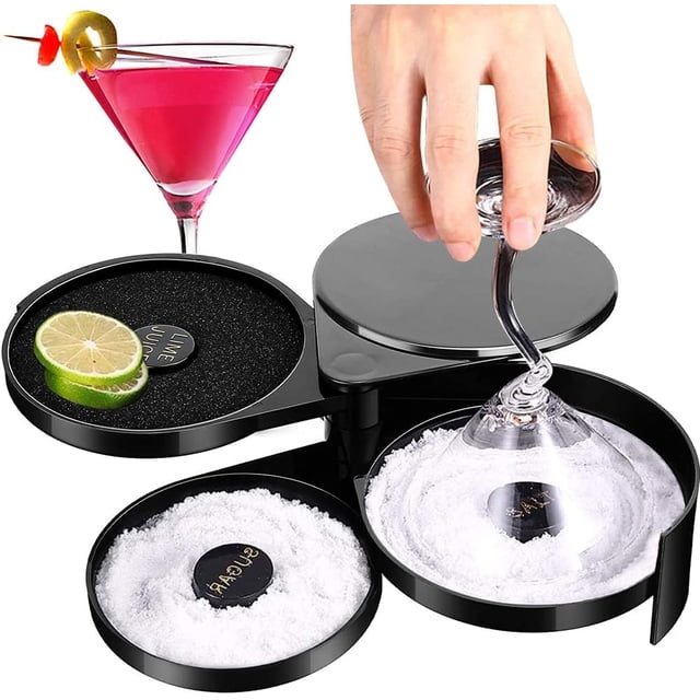 Rimmer, barra de cristal Rimmer Margarita salada azúcar cóctel Rimmer, Bar 3 Tier Sugar Salt Rim Lime Glass para cóctel Bartender Tool Party Home Black Bandejas giratorias de 3 niveles