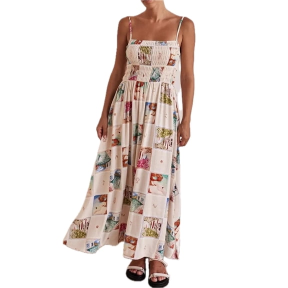 Men's Smocked Square Neck Cami Dress 100% Polyester Ruched Sleeveless Lightweight Day to Night Casual Everyday Wear