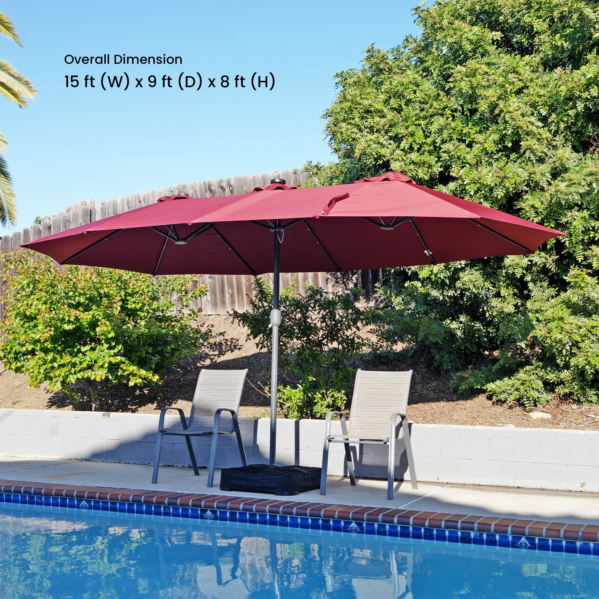 Home Zone Living 15x9 Ft Double Head Patio Umbrella with Base, 36 LED Lights, Sand Bags, UV resistant & Waterproof, 213 LBS Total Weight, Burgundy Red