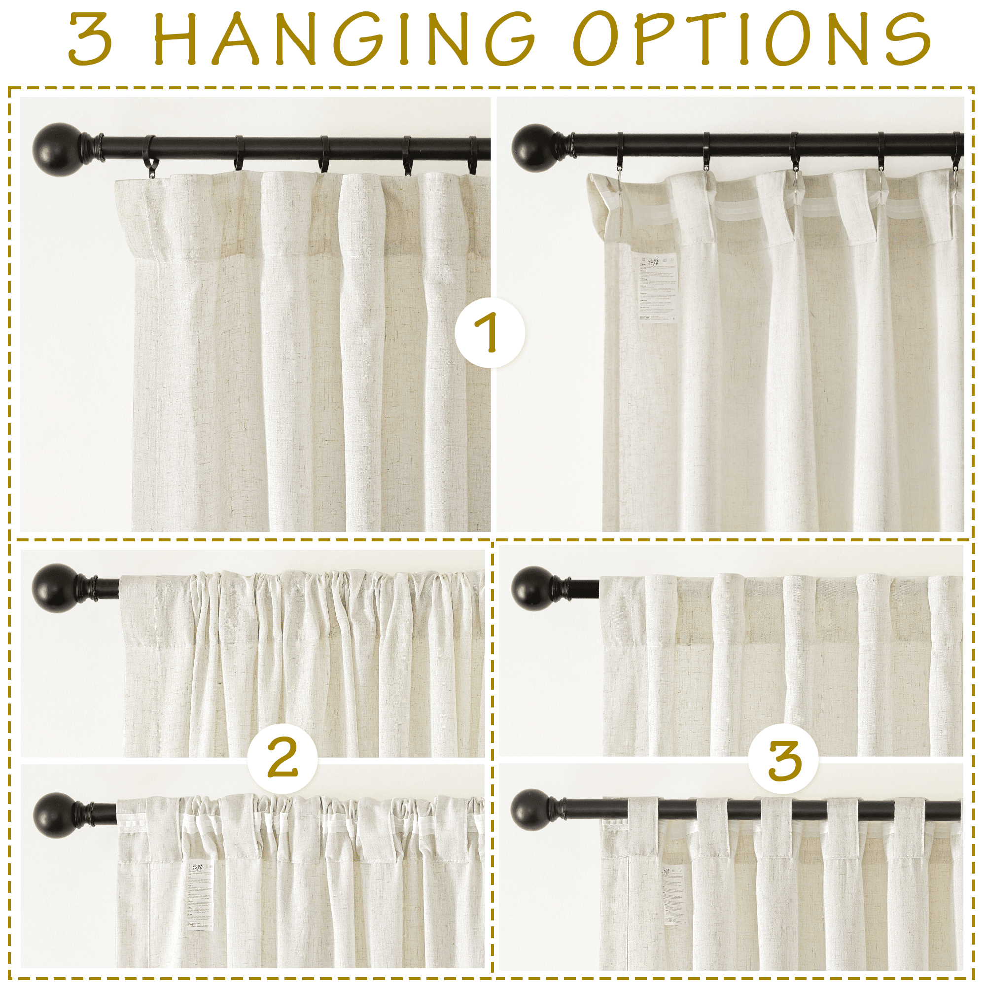 NICETOWN Natural Linen Curtains for Bedroom, 2 Panels, Flax Linen Light Filtering Privacy Added Hook Belt/Backtab/Rod Pocket Window Drapes, 50"x 90"