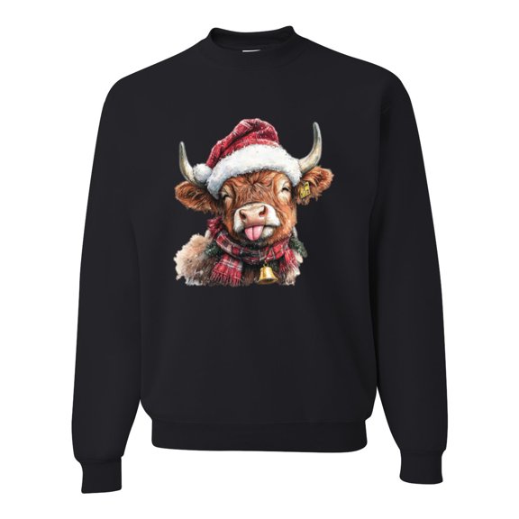 Wild Bobby Cute Fluffy Christmas Cow with Santa Hat, Cute Christmas Design. Unisex Sweater Crewneck Sweatshirt
