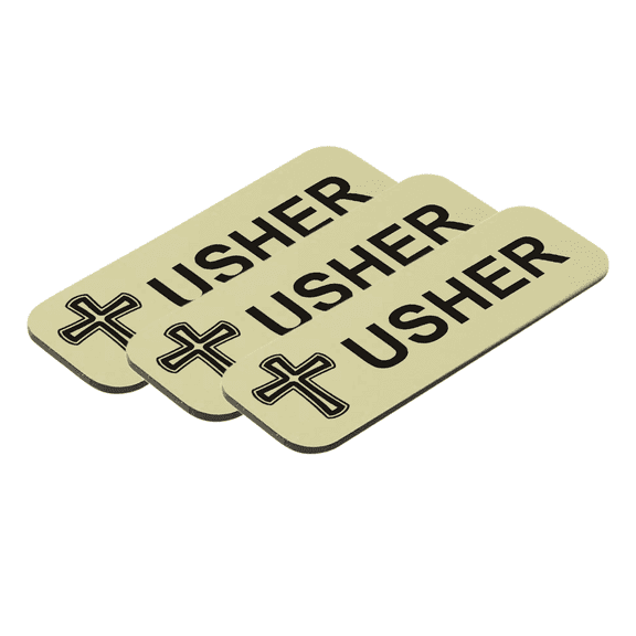 Usher 1 x 3" Name Tag/Badge, Brushed Gold, Cross Design (3 Pack)