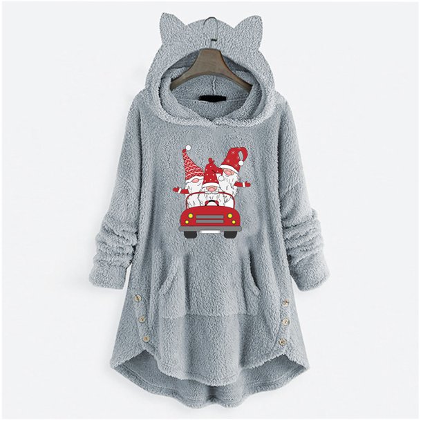 Puntoco Mujer Casual Navidad Impresión Botones De Felpa Manga Larga Con Capucha Abrigo De Felpa Top Rollbacks Puntoco Puntoco-4141