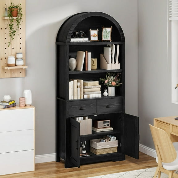 Uforic 71 " Tall Bookshelf with Storage, Wooden Arched Bookcase with 2 Drawers and Shelves for Living Room, Black
