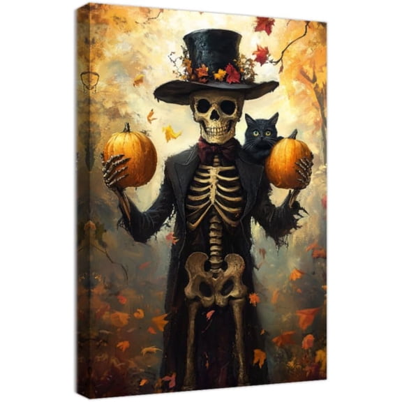 ZHONGYUTONG Skeleton Canvas Wall Art Halloween Fall Wall Decor Pumpkin Pictures Black Cat Painting Gothic Spooky Artwork Prints Home Decor Framed (12.00" x 18.00")