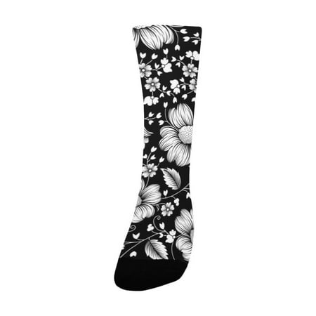 

black and white floral pattern on black Women s Custom Socks (Made In USA)