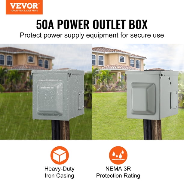 VEVOR Caja de toma de corriente para RV de 50 amperios, 125/250 voltios, caja de receptáculo para RV cerrada con cerradura para exteriores, panel electrico NEMA 14-50R resistente a la intemperie, para