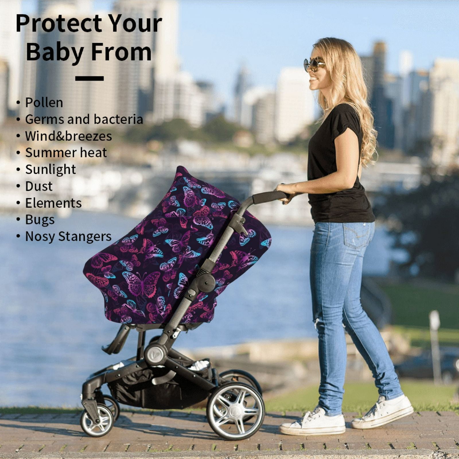 Fotbe Purple Butterfly Pattern Car Seat Covers for Babies, Nursing Breastfeeding Cover Infant Carseat Canopy, Soft Stretchy Carrier Cover