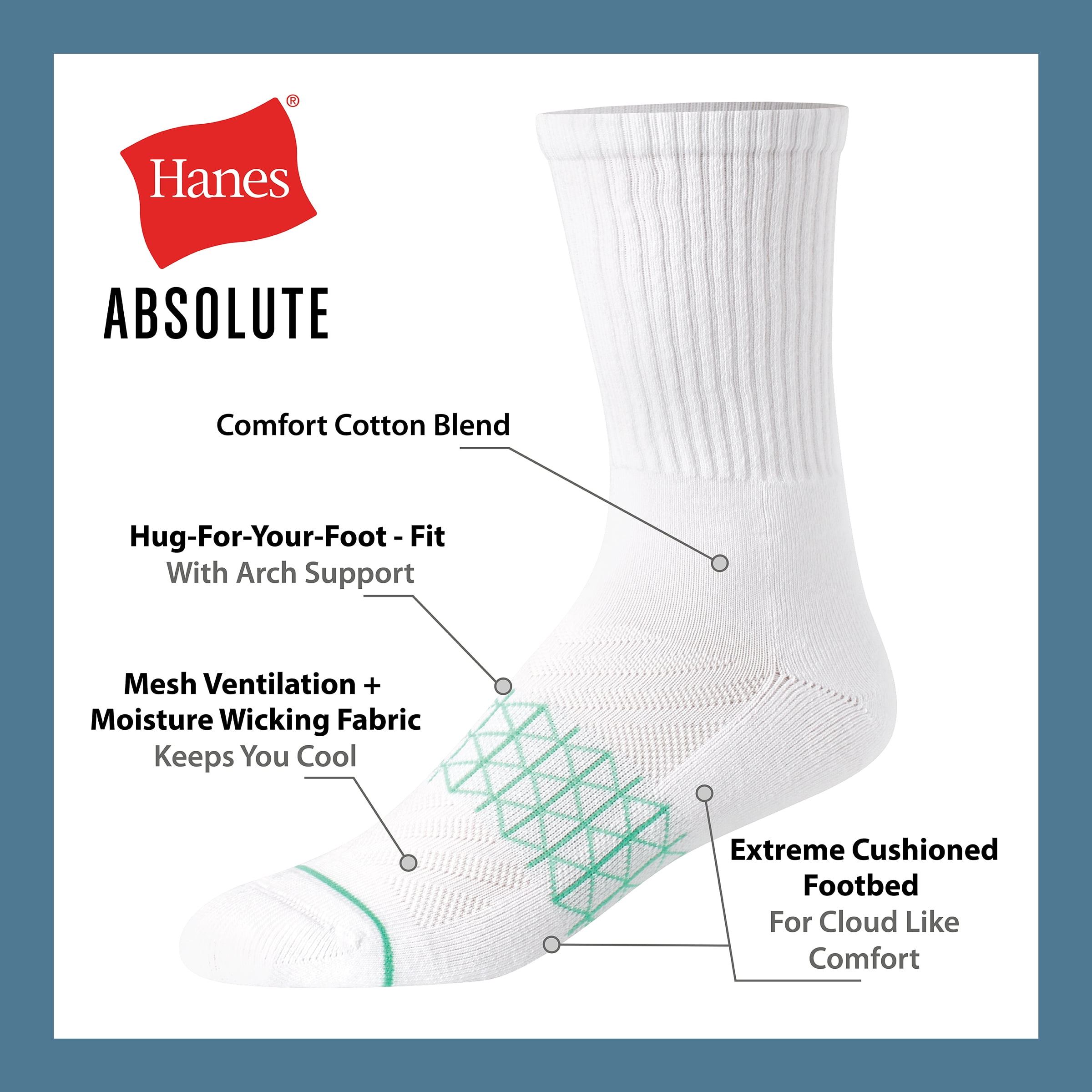 Hanes Mens Absolute Comfort Cushioned Crew Socks, 3-Pairs