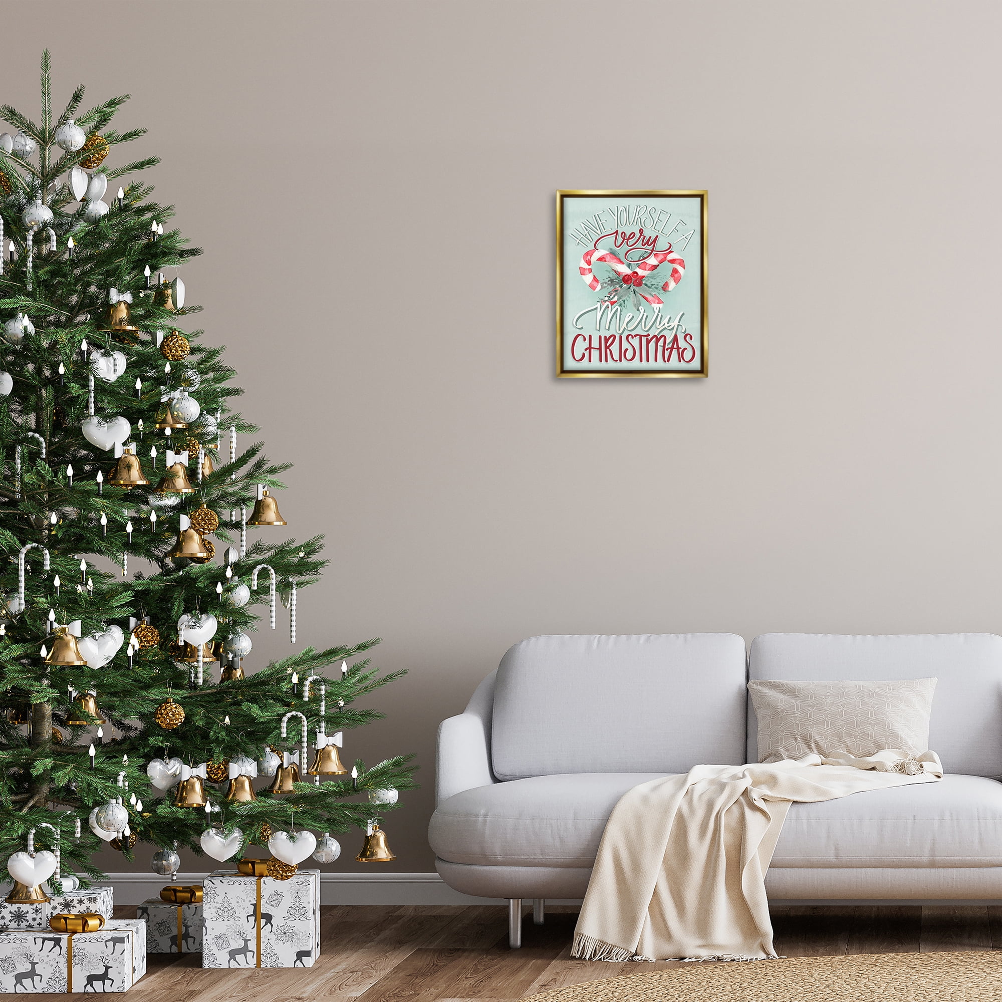 Stupell Industries Very Merry Christmas Holiday Painting Gold Floater Framed Canvas Art Prints Wall Art, 17 x 21
