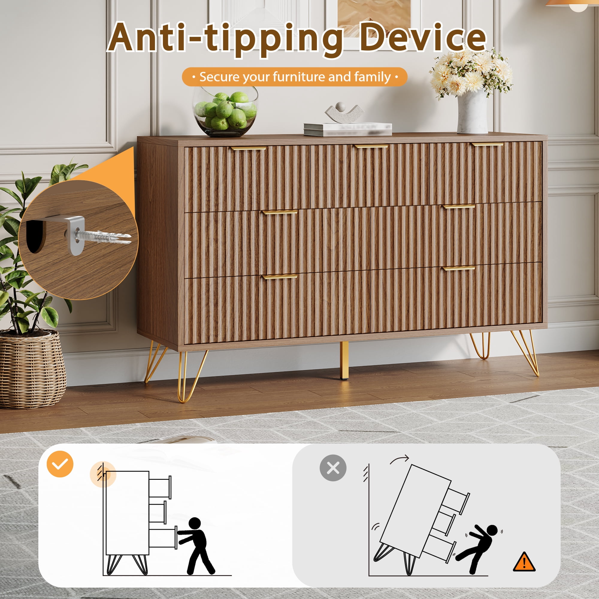 YouTrend 7 Drawer Dresser with Fluted Wood and Metal Handles Legs for Bedroom Living Room Hallway