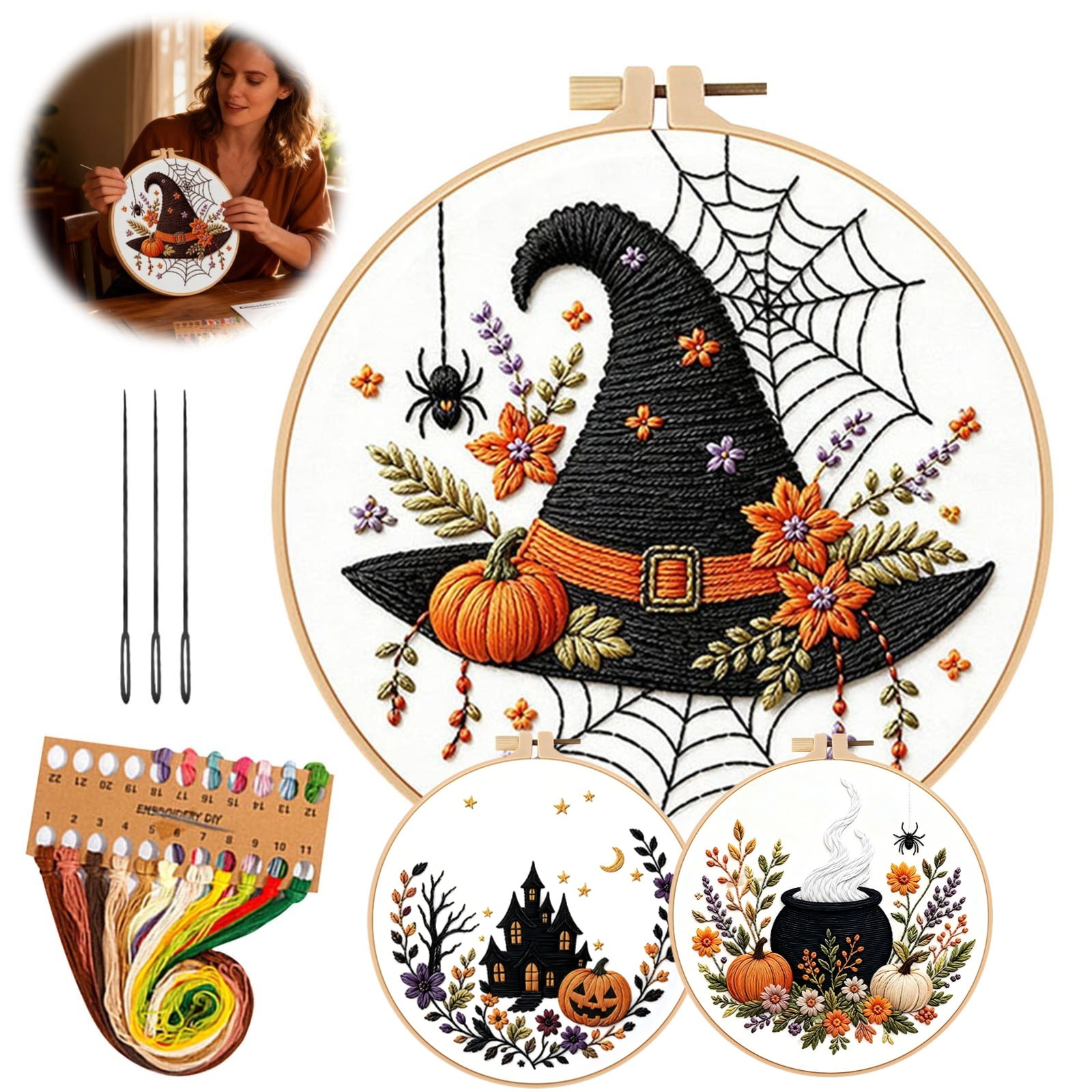 YLOHUIL Halloween Embroidery Kit Cross Stitch Kit for Adults with Black Castle Pattern Beginner Needlepoint Set with Hoop and Threads for DIY Craft Projects