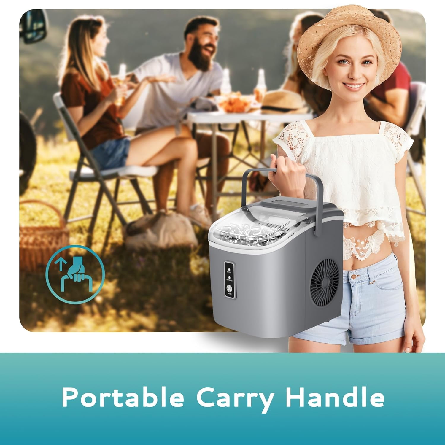 EUHOMY Countertop Ice Maker Machine with Handle, 26.5lbs Per Day, 9 Cubes in 6 Mins, Auto-Cleaning Portable Ice Maker with Basket and Scoop, for Home/Kitchen/Camping/RV (Grey)