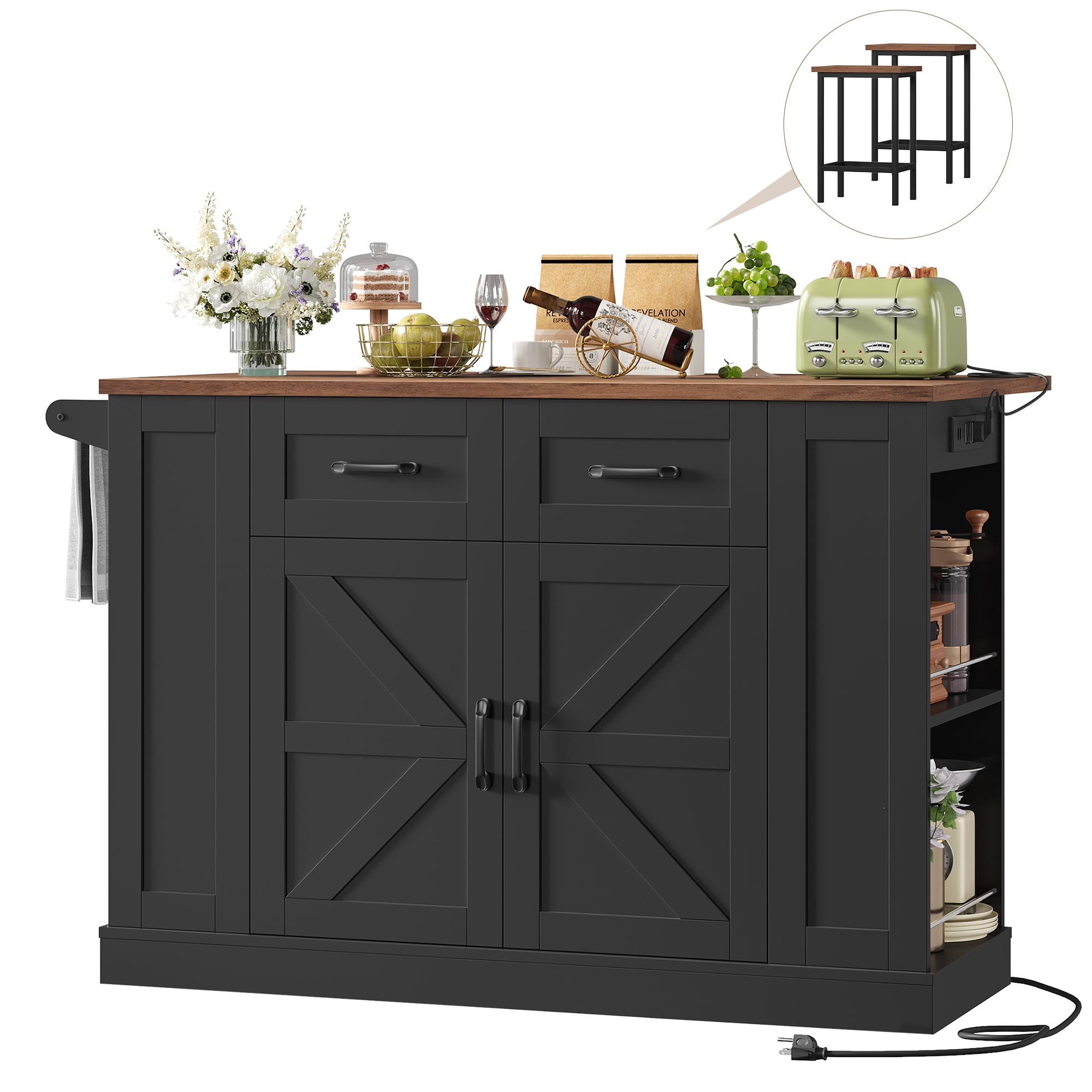 Homfa 47.2'' Kitchen Island with Drop Leaf and Charging Station, Portable Kitchen Island with Storage and 2 Seating, Black Rolling Cart with Wheels for Kitchen, Dining Table for 2