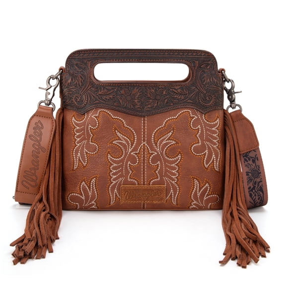 Wrangler Top Handle Bag for Women Embroidered Fringe Western Crossbody Purse, Brown