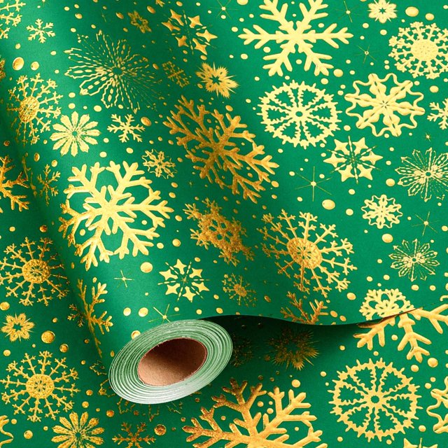 Papel de regalo Flyhill, color verde navideño, 43 x 10 m, diseño de copo de nieve dorado