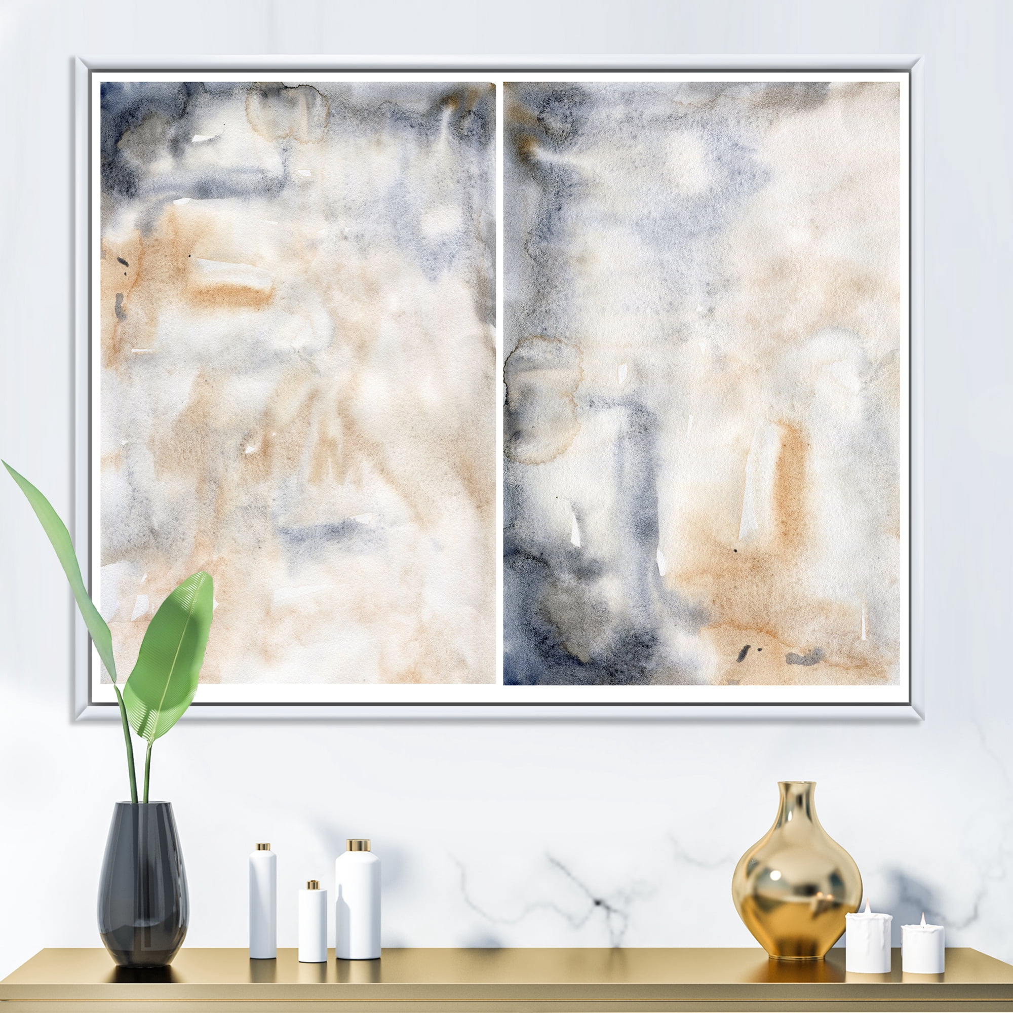 Designart 'Abstract Paste With Dark Blue and Beige' Modern Framed Canvas Wall Art Print