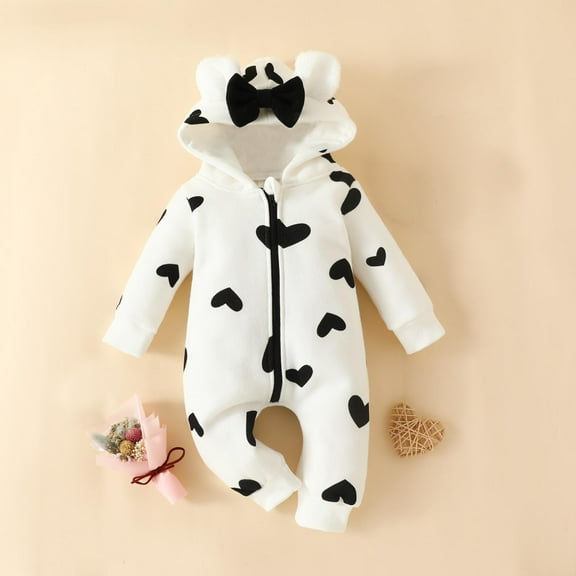 WOYY Girls Bow Hooded Romper Heart Prints Long Sleeve Zip Up Warm Jumpsuit