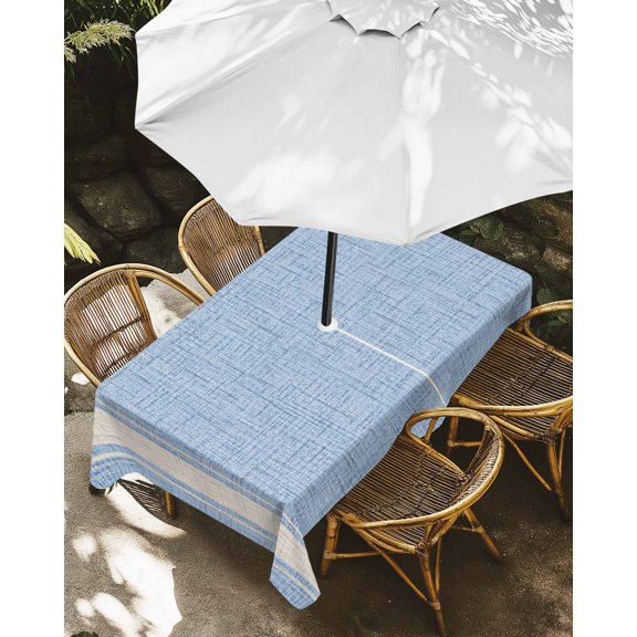 Outdoor Tablecloth with Umbrella Hole, Light Blue Stripe Vintage Linen Zippered Table Cloth for Rectangle Tables, Summer Ocean Theme Washable Waterproof Tablecloths for Picnic Patio Garden