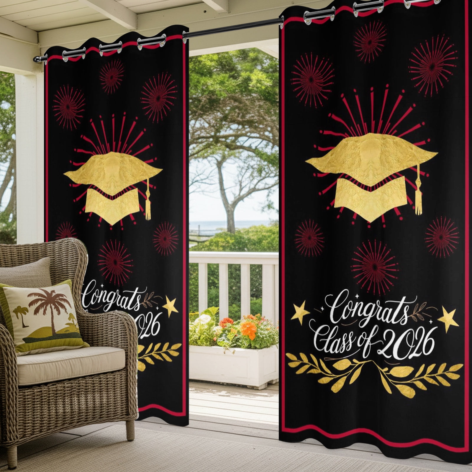 Gold Graduation Cap Outdoor Curtains for Patio, Class of 2026 Black Academic Modern Sunshade Privacy Drapes Grommet Waterproof Outside Curtains for Porch/Cabana/Balcony 54"x 108", 2 Panel