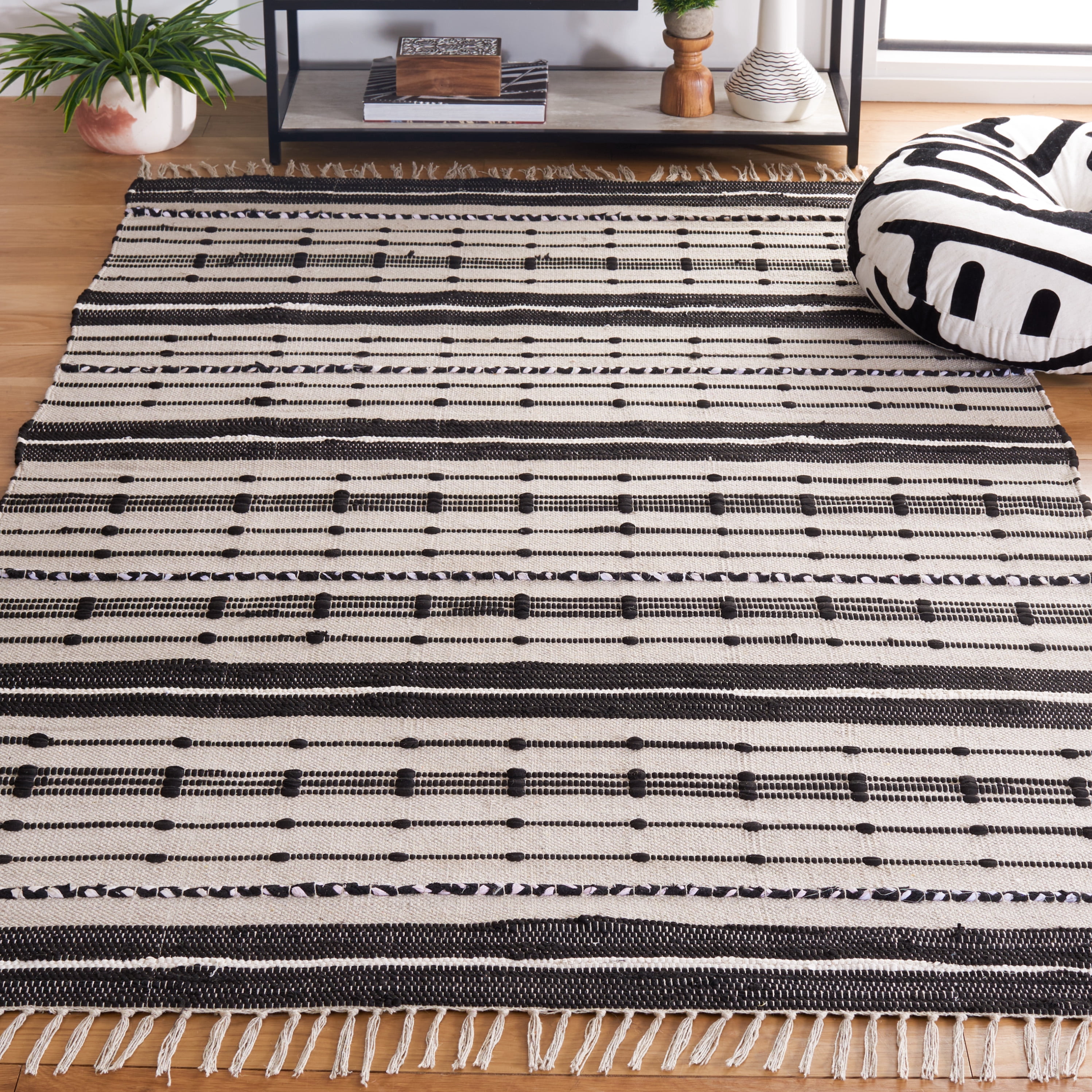 SAFAVIEH Striped Kilim Ottoline Striped Cotton Area Rug, Beige/Black, 6' x 6' Square