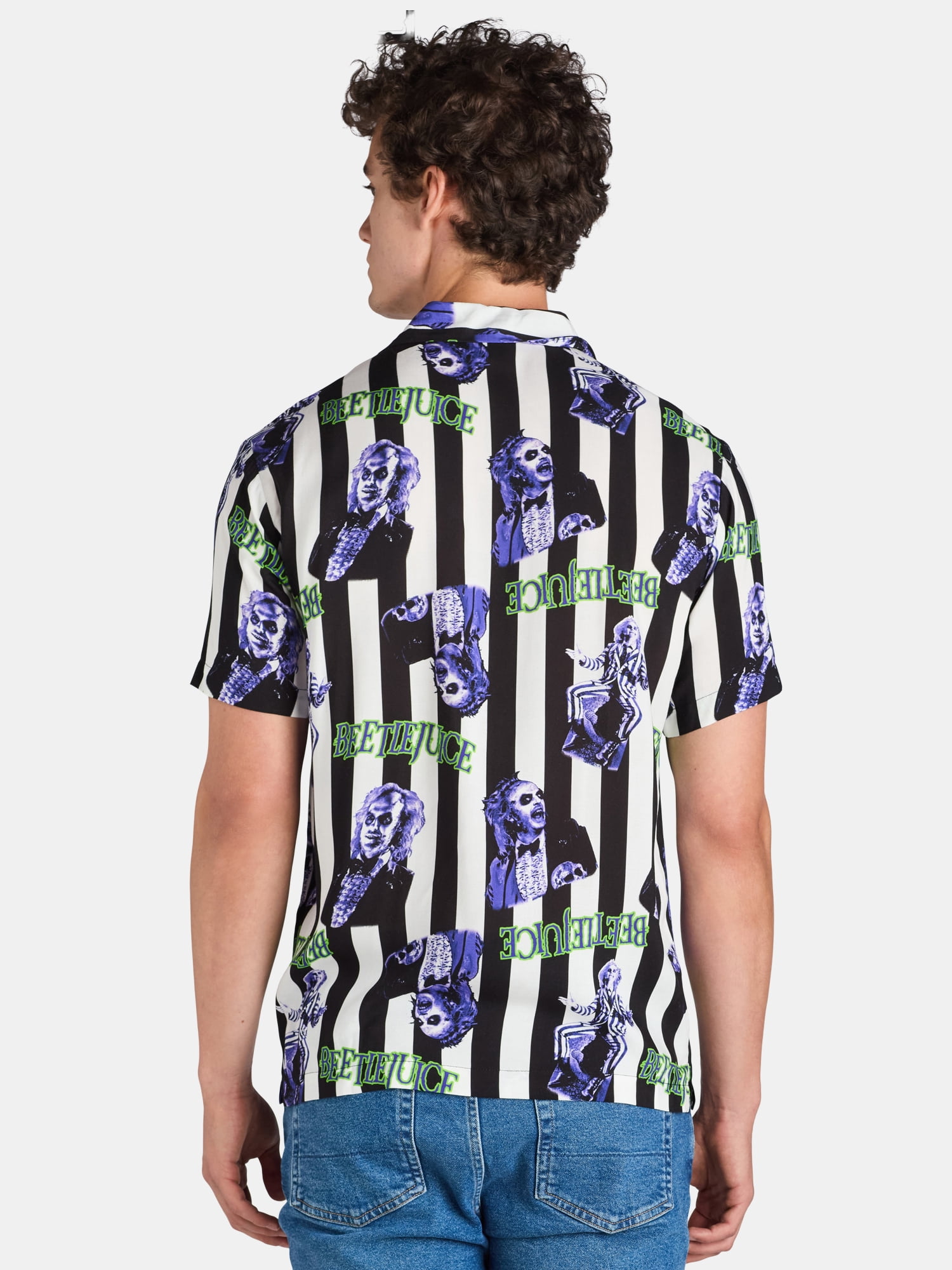 Beetlejuice, Mens Graphic Print Rayon Shirt, Stripe Pattern, Sizes XS-3XL