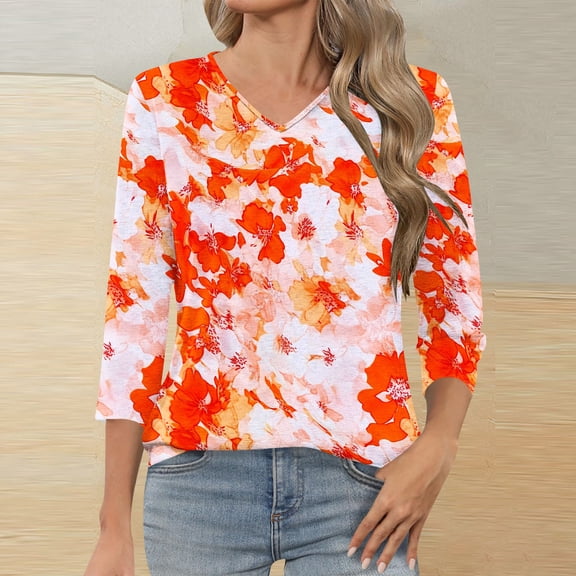 Jsaierl 3/4 Length Sleeve Womens Tops Plus Size Crew Neck Shirts Fashion Graphic Petite Blouses Soft Holiday Tunic Top S-3XL