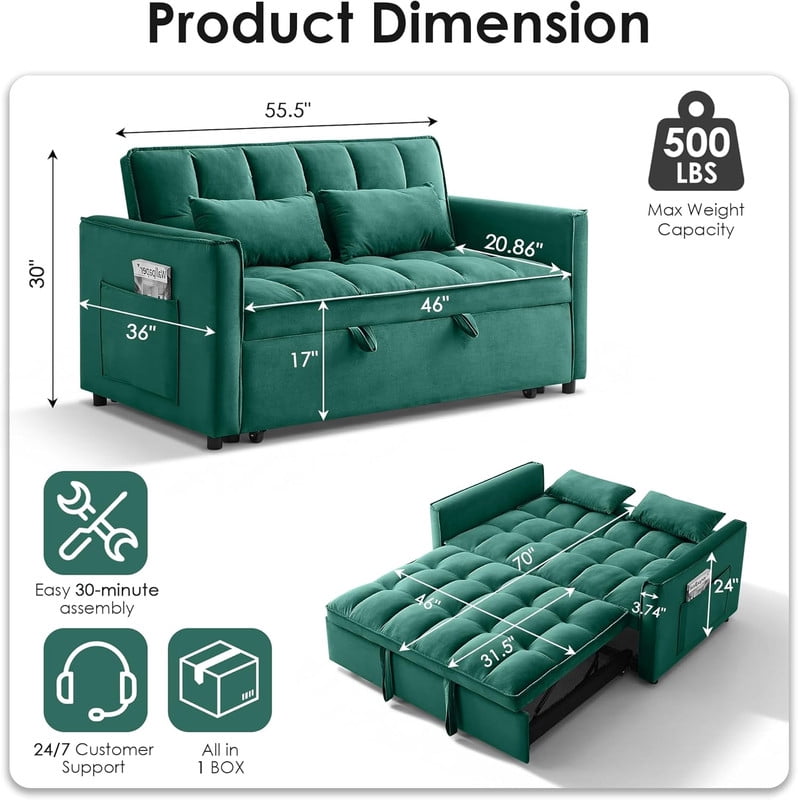 3 in 1 Convertible Sleeper Sofa Bed, 55" Modern Loveseat Pull Out Couch with Adjustable Reclining Backrest & Side Pockets, Velvet Loveseat for Living Room