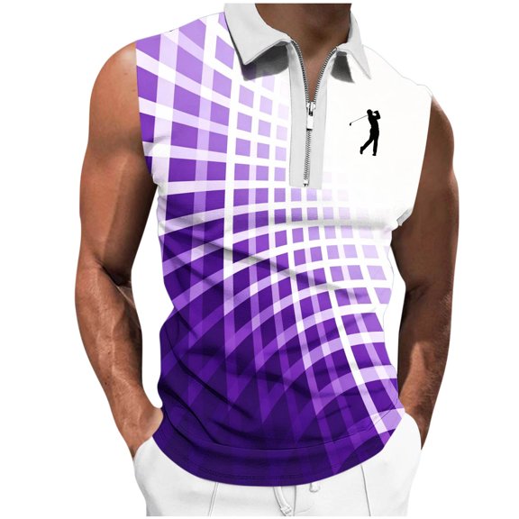 Wovilon Men's Sleeveless Zip-Up Collared Tank Top with Geometric Gradient Checkered Print, Lightweight Breathable Athletic Gym Workout Shirt for Summer Golf Running and Sports