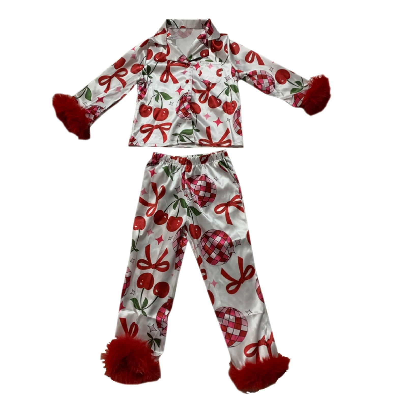 Girls Silk Pajamas Size 12 Cartoon Print Long Sleeve Comfortable Button-Up Home Clothes 2 Piece Pjs for Girls Kids Gifts Red,2-3 Years