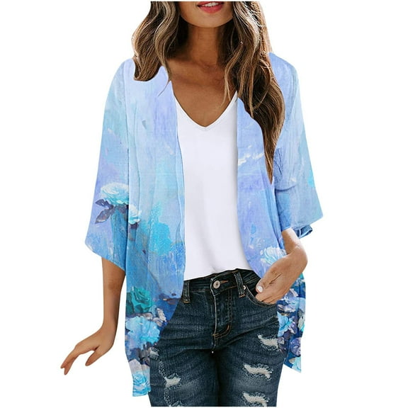 Hvyesh Plus Size Cardigan for Women Dressy 3/4 Sleeve Summer Kimono Cute Floral Print Cover up Tops