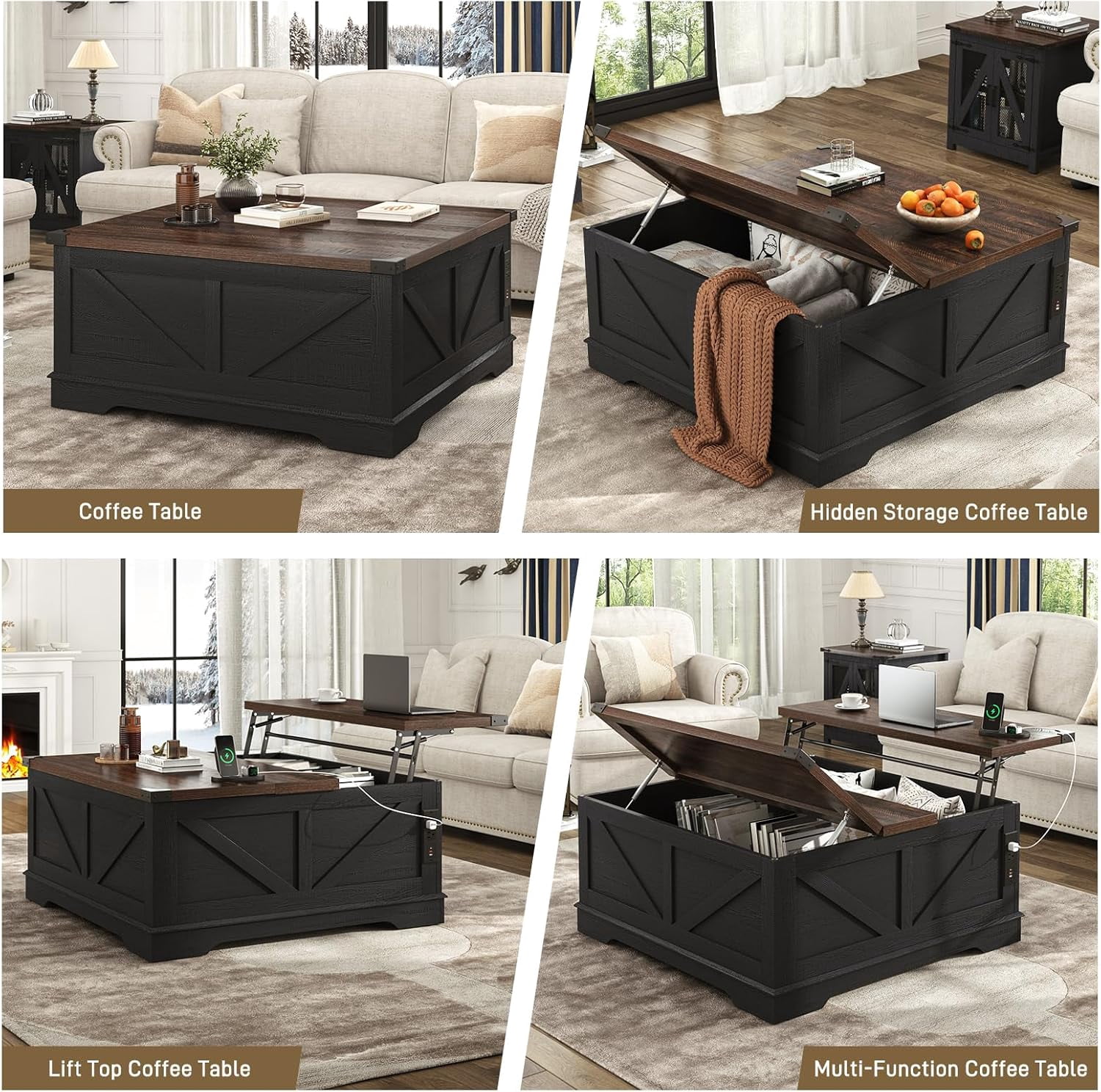 ChVans 40" Large Farmhouse Lift Top Coffee Table with Power Outlets, Square Wood Living Room Table with Large Hidden Storage, Multi-Function Lift Wooden Barn Door Center Table, Rustic Black