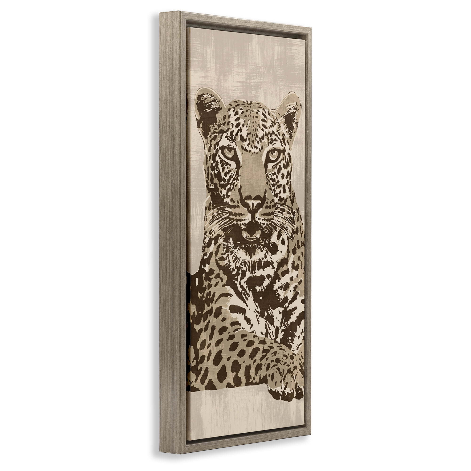 Stupell Industries Muted Fierce Leopard Animals Painting Brown Floater Framed Canvas Art Print Wall Art, 14 x 31