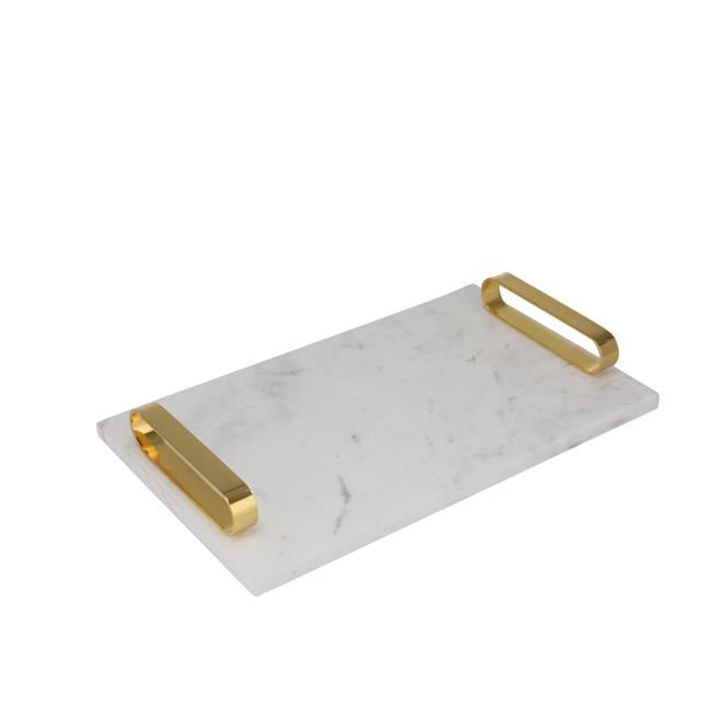 Rectangular Marble Tray with Gold Curved Handles, White and Gold