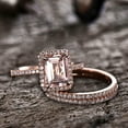 thumbnail image 3 of 9x7mm 4.75 Carat Emerald Cut Morganite Wedding Set Diamond Moissanite Bridal Ring 10k Rose Gold Thin Eternity Band Half Eternity, 3 of 7