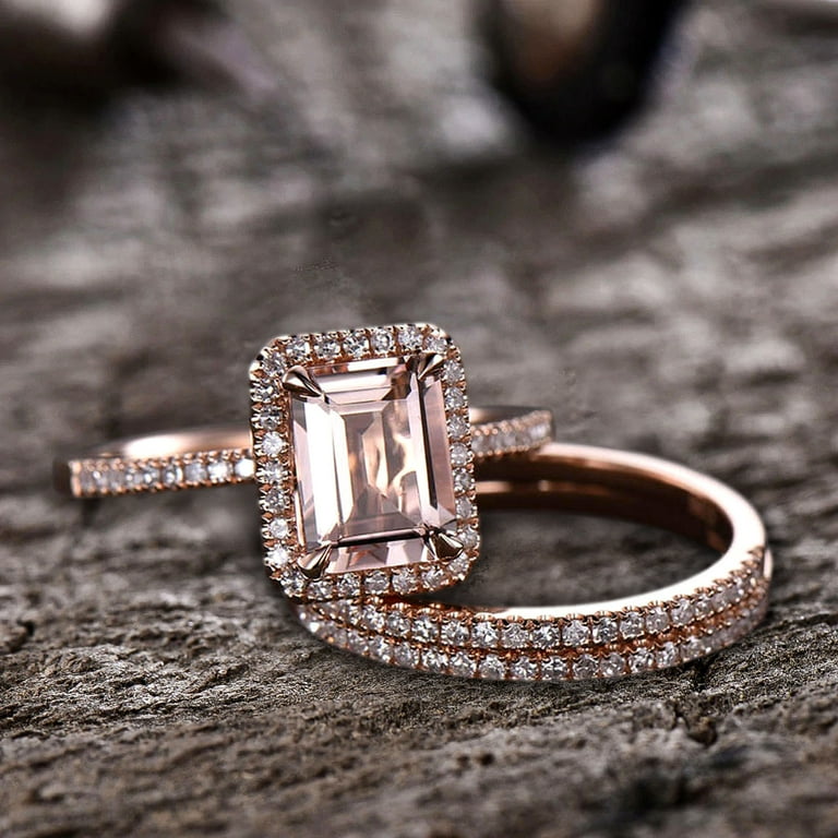 9x7mm 4.75 Carat Emerald Cut Morganite Wedding Set Diamond