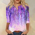 thumbnail image 1 of ICHUANYI Clearance Women's Casual 3/4 Sleeve Printed Round Neck Buttoned Basic Tunic Tops T-shirts Blouses(Purple, M) ICHUANYI WER2023081404728, 1 of 5