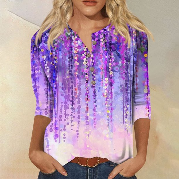 ICHUANYI Clearance Women's Casual 3/4 Sleeve Printed Round Neck Buttoned Basic Tunic Tops T-shirts Blouses(Purple, S) ICHUANYI WER2023081404729
