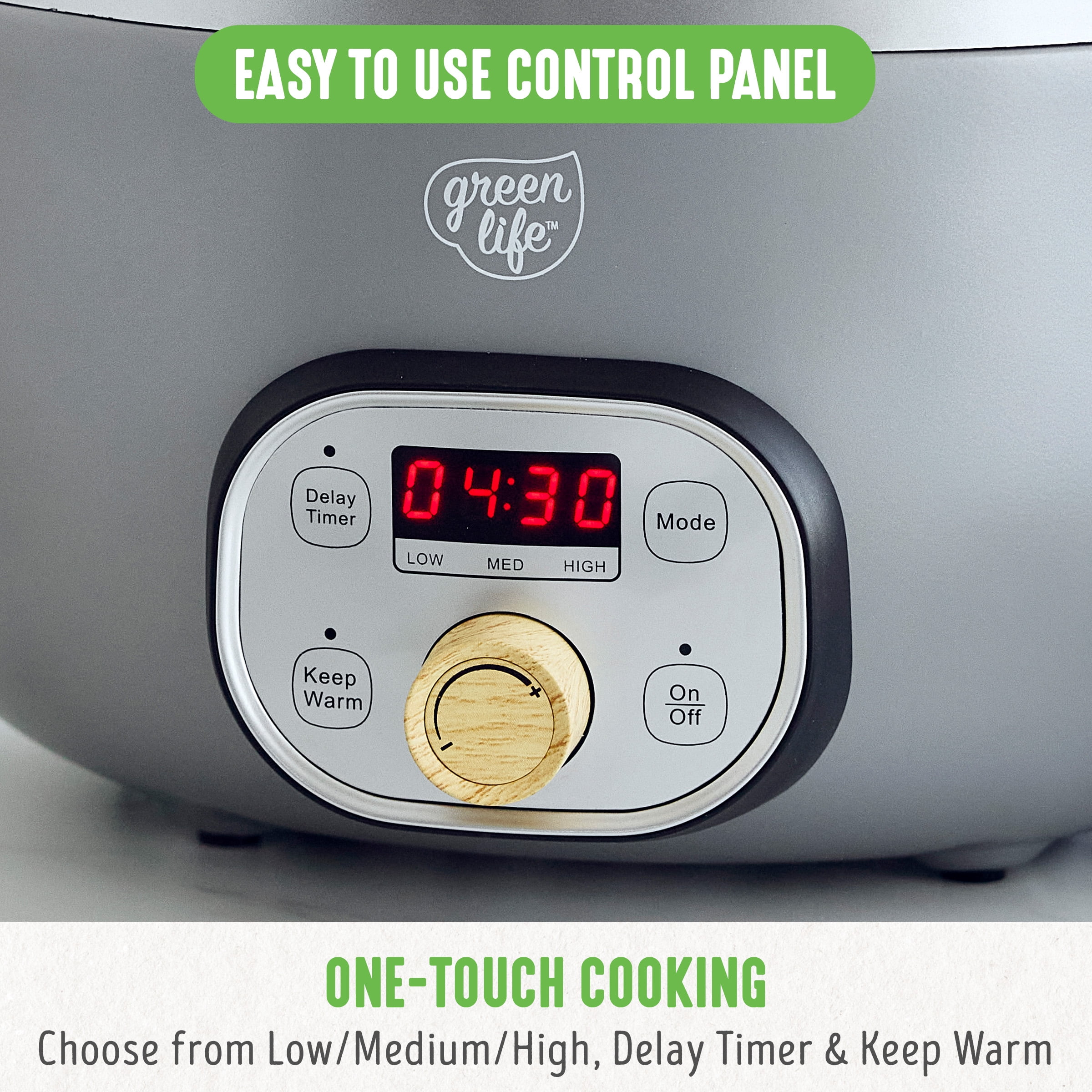 GreenLife 6 Quart Non Stick Family Meal Slow Cooker with Removable Pot, Grey