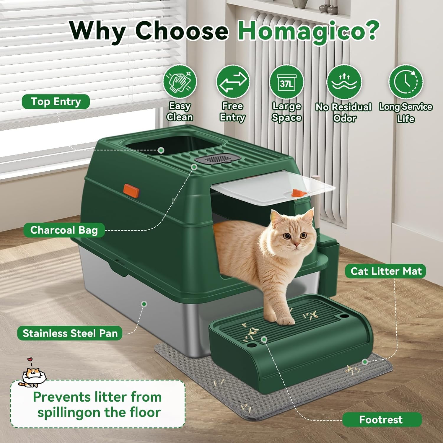 Stainless Steel Cat Litter Box with Removable Lid,Free in & Out Covered Metal Litter Box,Large Enclosed Litter Box with Litter Scoop & Mat, Easy Cleaning, Odor Free,Anti-Leakage for Kitty(Green)