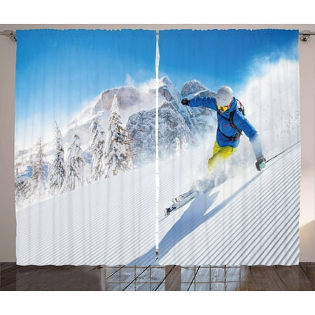 Winter Curtains 2 Panels Set, Skier Skiing Downhill in High Mountains Extreme Winter Sports Hobby Activity, Window Drapes for Living Room Bedroom, 108W X 84L Inches, Blue White Yellow, by