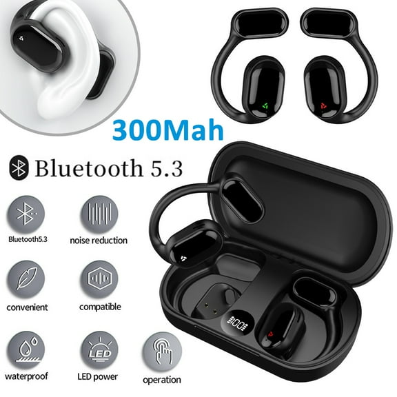Ryhampaper True Wireless Bone Conduction Headphones Bluetooth 5.3 Wireless Headset Earbuds Black 300mAh