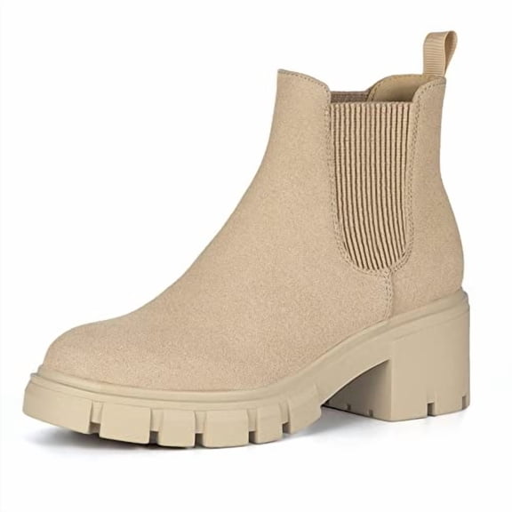 Athlefit Women's Chelsea Boots Fashion Lug Sole Chunky Booties Size 9.5-Nude